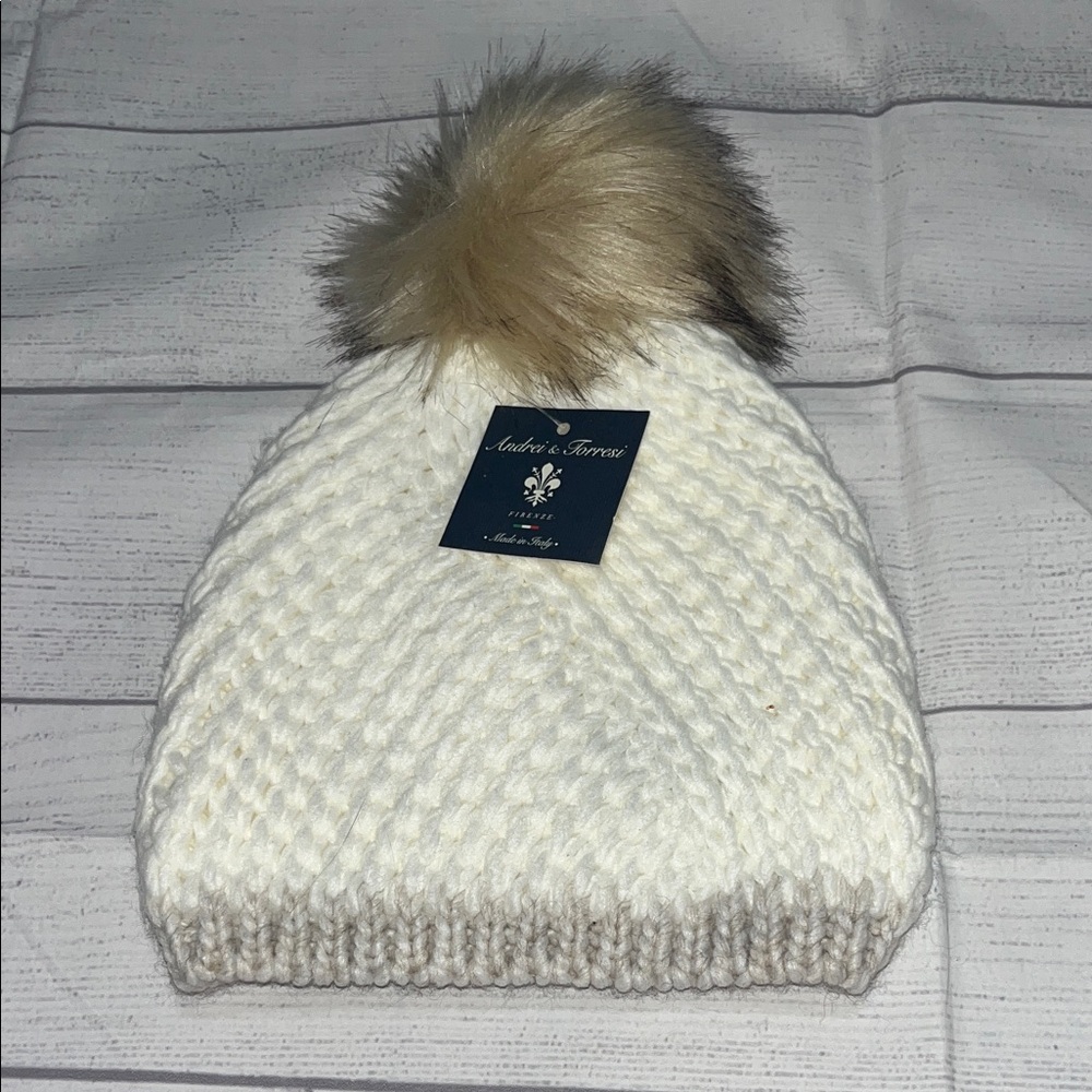 White Knit Beanie with Faux Fur Pom